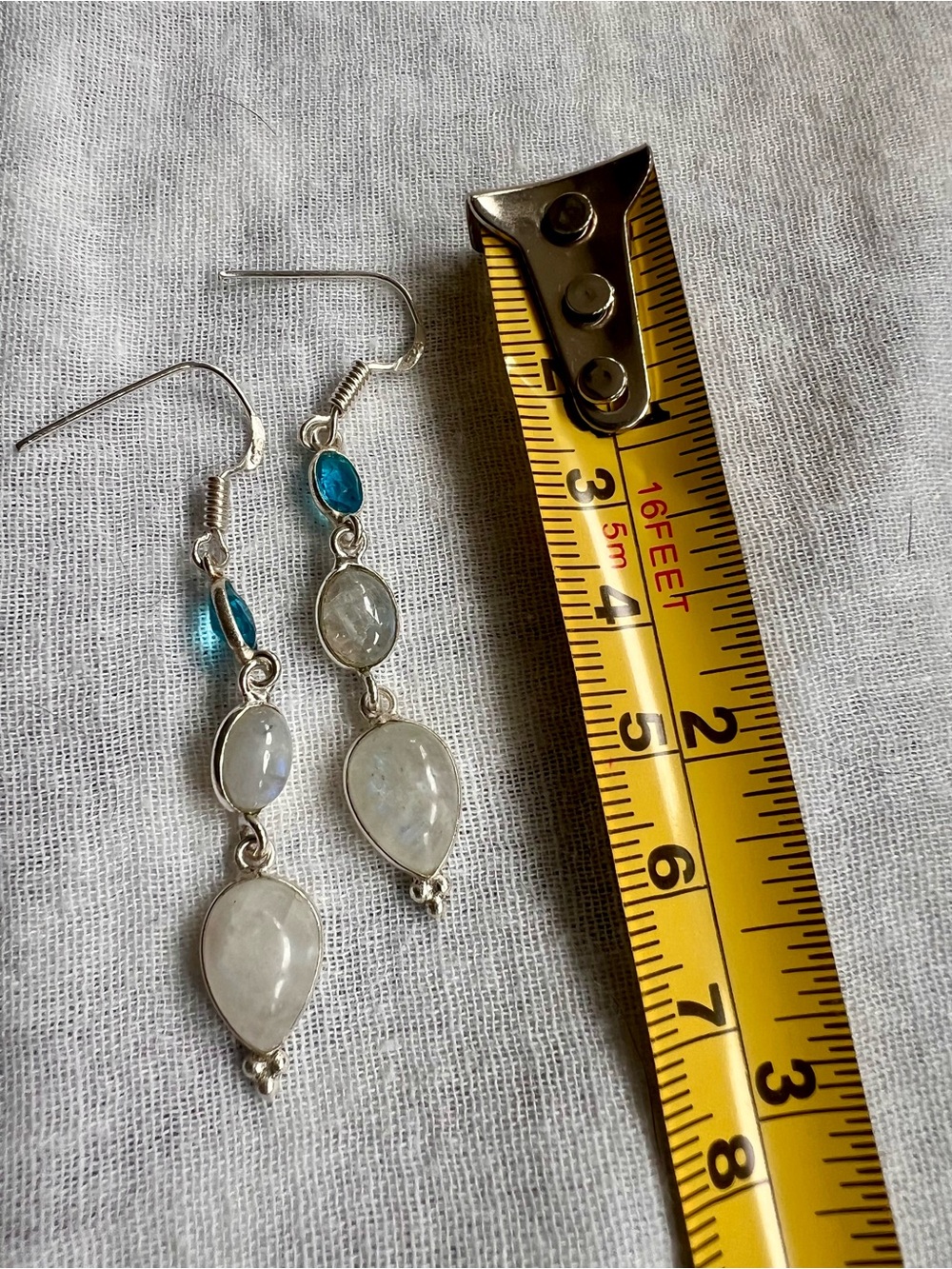 925 Ethereal Moonstone + Swiss Blue Topaz Long Earrings - Picture 4 of 7